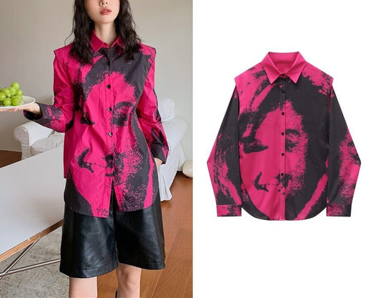 Portrait Print Blouse, Designer Women Sharp Pink/ Green Graphics Button Shirt Street Graffiti Modern Art Smart Casual Formal Event Party