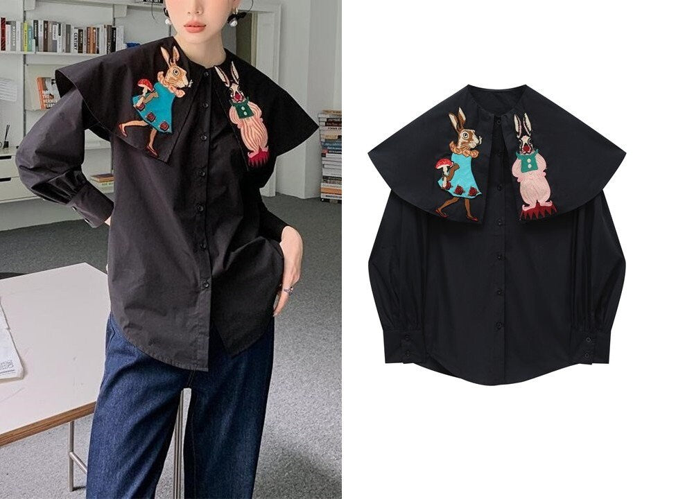 Alice in Wonderland Sailor Collar Blouse, Embroidery Rabbit Graphics Designer Women Button Shirt Smart Casual Event Party Gift for her　