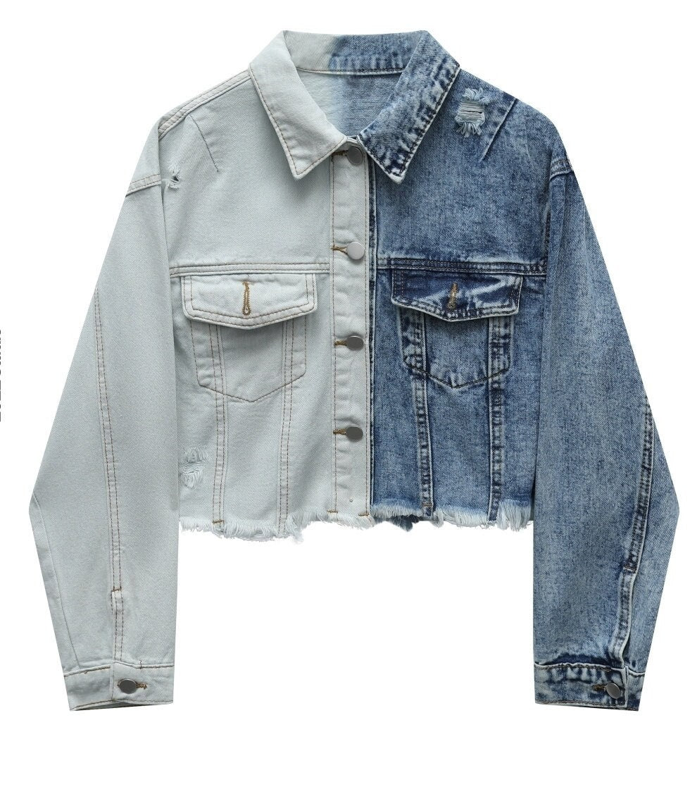 Asymmetric Denim Jacket, Designer Women Blue Jeans Smart Casual Street Fashion Gift for her