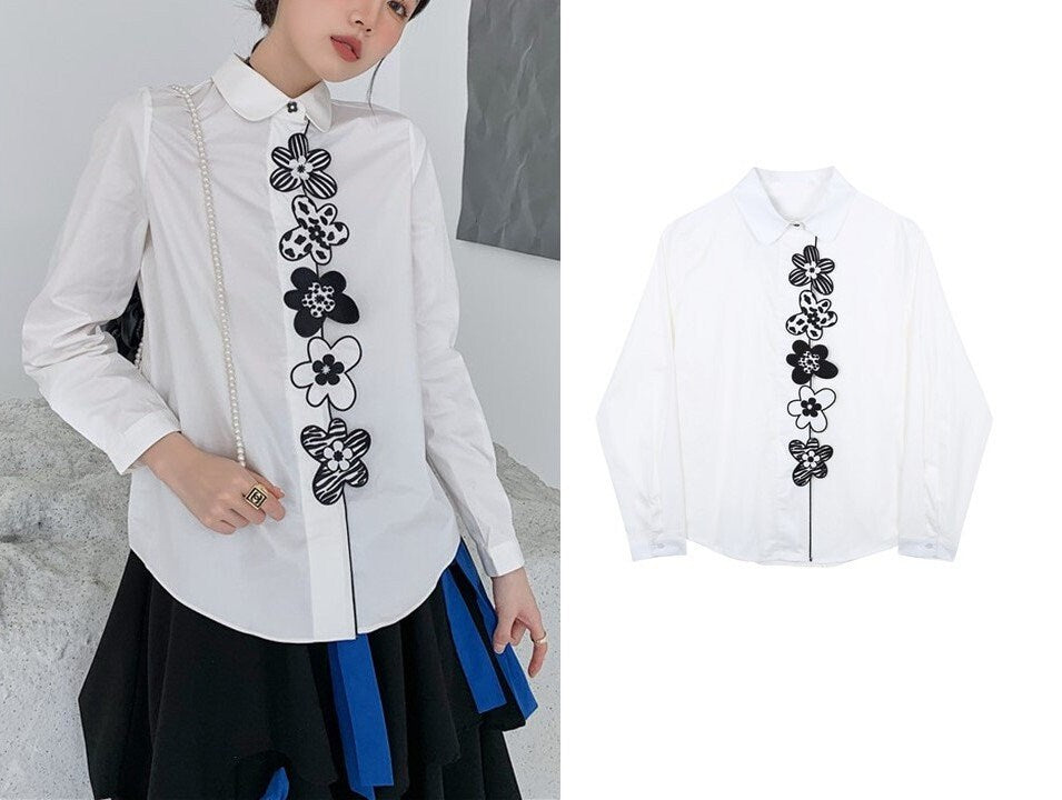 Embroidery Flower Blouse, Designer Women Modern Art Minimalist Style Smart Casual Formal Event Party Gift for her