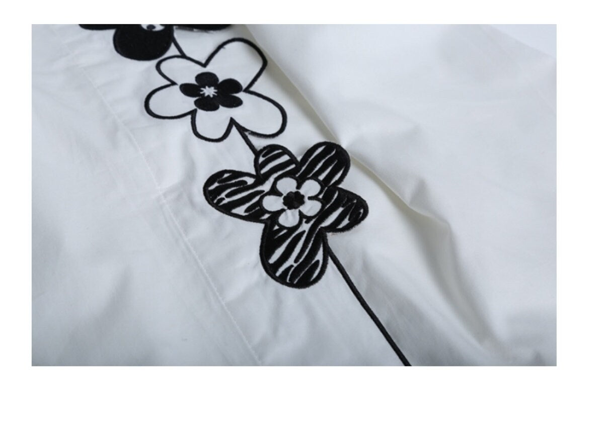 Embroidery Flower Blouse, Designer Women Modern Art Minimalist Style Smart Casual Formal Event Party Gift for her