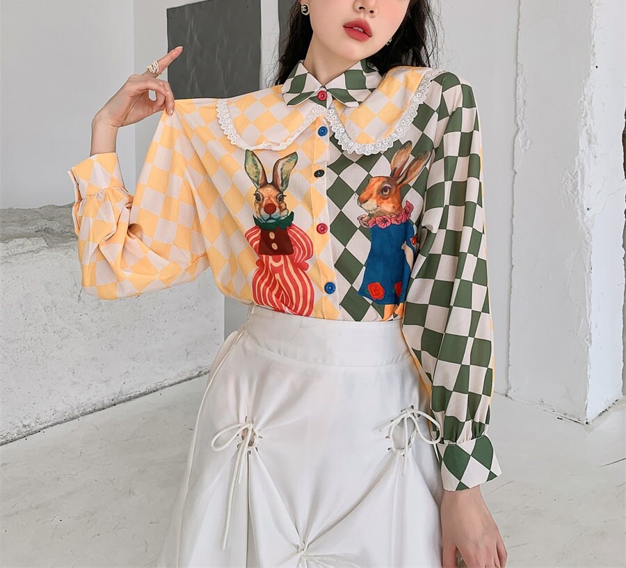 Alice in Wonder land Crown Collar Asymetric Blouse, Designer Women Graphcis Print Button Shirt Classic Modern Art Fairy Tales Gift for her