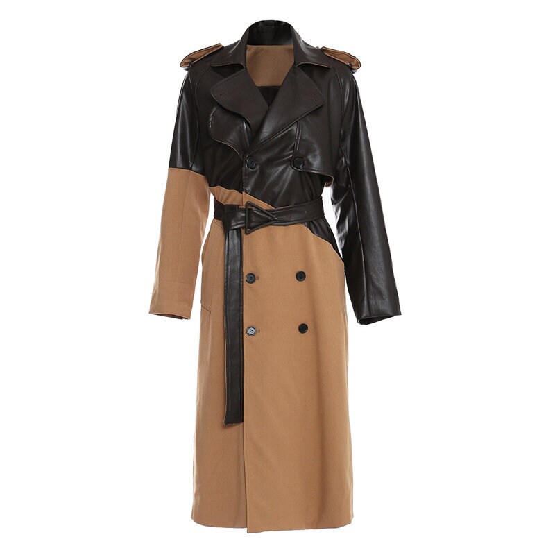 Patchwork styled leather trench coat, trendy women jacket , long sleeves, for casual or formal