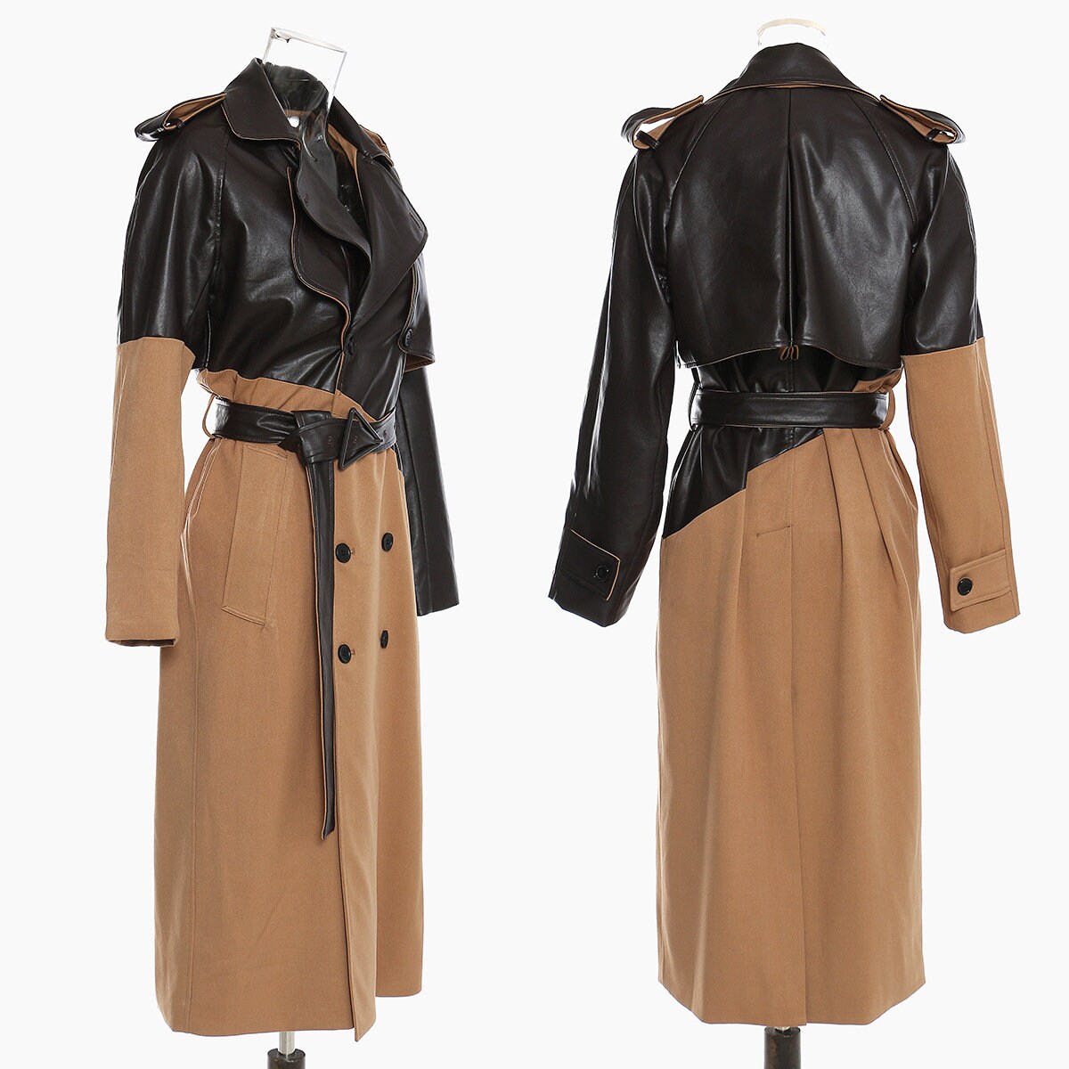 Patchwork styled leather trench coat, trendy women jacket , long sleeves, for casual or formal