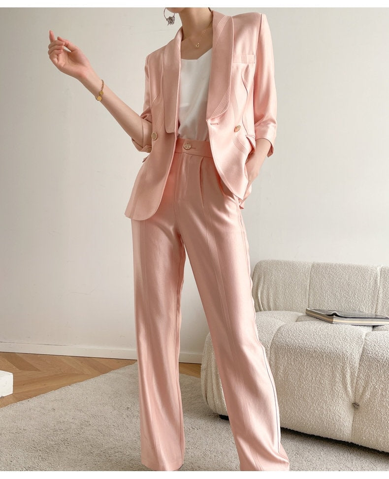 Pink Acetate Pantsuit, Designer Woman Suit Jacket + Pant Set Minimalist Style for Smart Casual/ Formal/ Event/ Party/ Gift