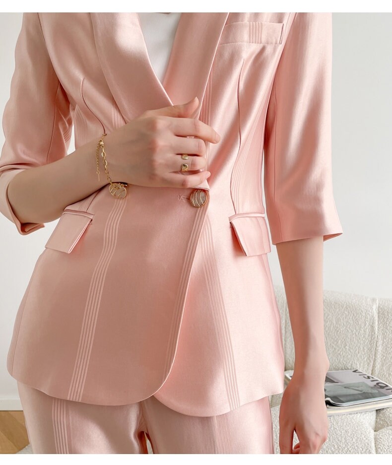 Pink Acetate Pantsuit, Designer Woman Suit Jacket + Pant Set Minimalist Style for Smart Casual/ Formal/ Event/ Party/ Gift