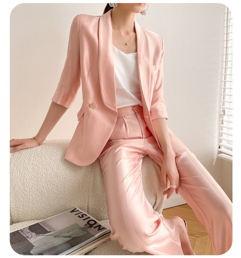 Pink Acetate Pantsuit, Designer Woman Suit Jacket + Pant Set Minimalist Style for Smart Casual/ Formal/ Event/ Party/ Gift