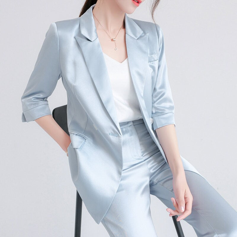 Pastel Blue Acetate Pantsuit, Designer Woman Suit Jacket + Pant Set Minimalist Style for Smart Casual/ Formal/ Event/ Party/ Gift