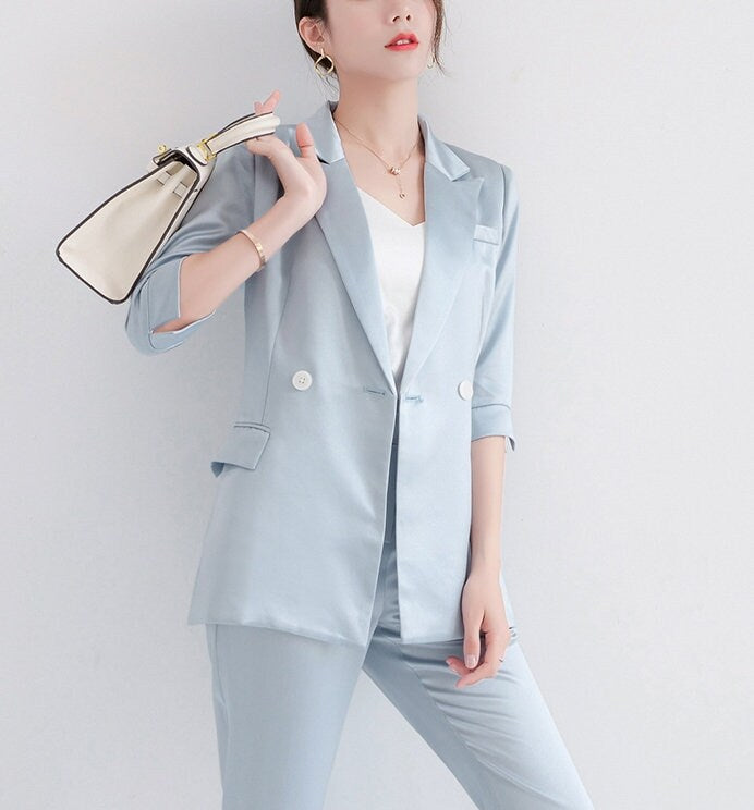 Pastel Blue Acetate Pantsuit, Designer Woman Suit Jacket + Pant Set Minimalist Style for Smart Casual/ Formal/ Event/ Party/ Gift