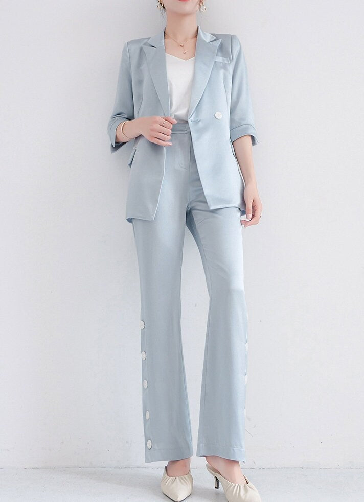 Pastel Blue Acetate Pantsuit, Designer Woman Suit Jacket + Pant Set Minimalist Style for Smart Casual/ Formal/ Event/ Party/ Gift