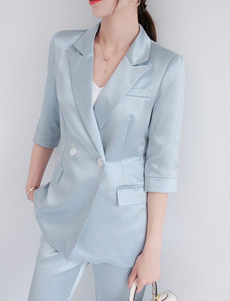 Pastel Blue Acetate Pantsuit, Designer Woman Suit Jacket + Pant Set Minimalist Style for Smart Casual/ Formal/ Event/ Party/ Gift