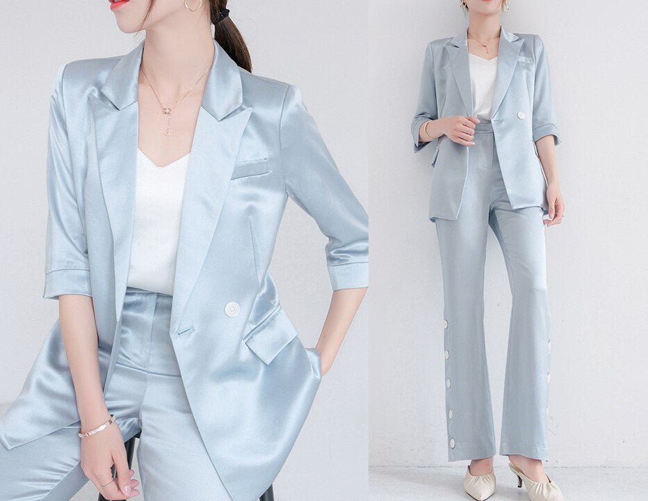 Pastel Blue Acetate Pantsuit, Designer Woman Suit Jacket + Pant Set Minimalist Style for Smart Casual/ Formal/ Event/ Party/ Gift