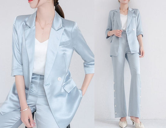 Pastel Blue Acetate Pantsuit, Designer Woman Suit Jacket + Pant Set Minimalist Style for Smart Casual/ Formal/ Event/ Party/ Gift