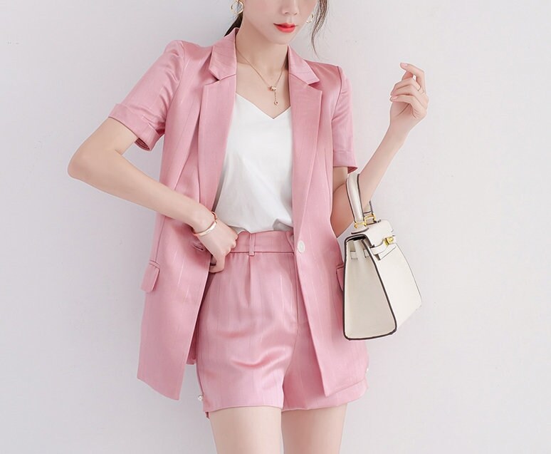 Pastel Acetate Pantsuit, Designer Woman Suit Jacket + Pant Set Minimalist Style for Smart Casual/ Formal/ Event/ Party/ Gift