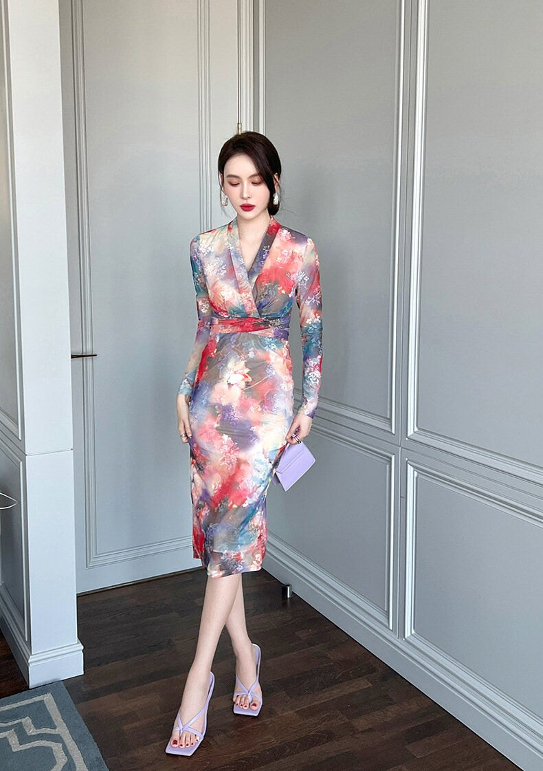 Floral Ink Spray Pattern Dress, Women Event Party Wedding Dress for Smart Casual Formal Gift for her