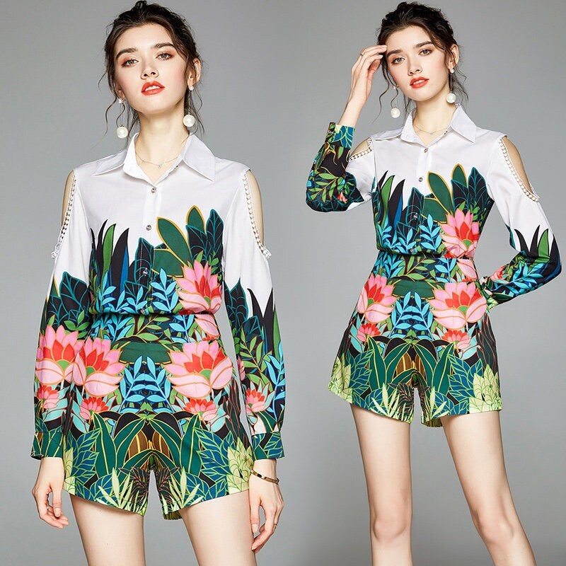 Floral Pattern Blouse + Shorts Set, Woman Casual Wear 2 piece Set Graphics Print Pattern for Leisure Event Party Gift for her