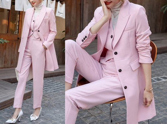 Pink Long Suit Jacket + Vest + Pants, Woman Designer Blazer Pantsuit Set Modern look for Smart Casual/ Formal/ Event Party/ Gift for her