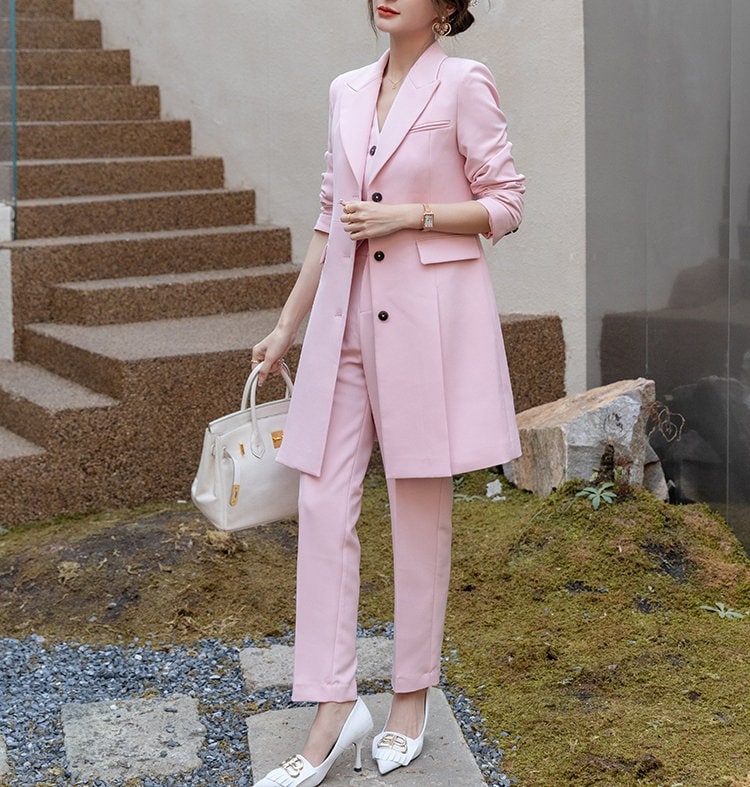 Pink Long Suit Jacket + Vest + Pants, Woman Designer Blazer Pantsuit Set Modern look for Smart Casual/ Formal/ Event Party/ Gift for her