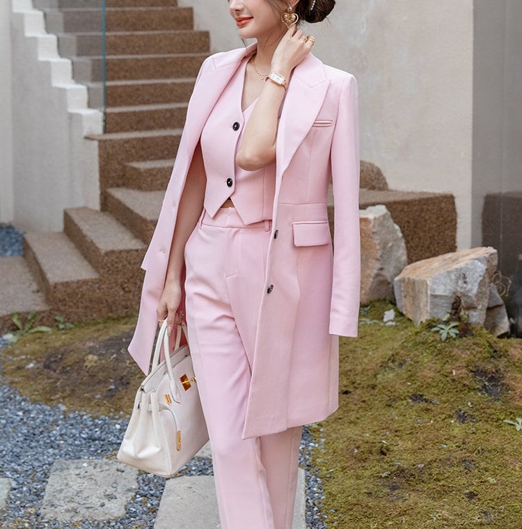 Pink Long Suit Jacket + Vest + Pants, Woman Designer Blazer Pantsuit Set Modern look for Smart Casual/ Formal/ Event Party/ Gift for her