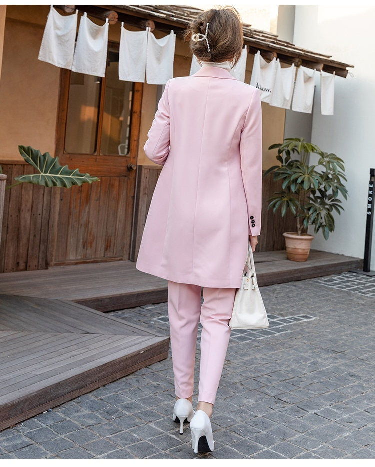 Pink Long Suit Jacket + Vest + Pants, Woman Designer Blazer Pantsuit Set Modern look for Smart Casual/ Formal/ Event Party/ Gift for her