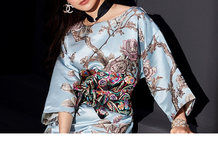 Oriental Style Floral Pattern Dress, Women Big Sleeved Art clothes modern vintage Japanese Format Smart Casual Formal Outdoors Gift for her