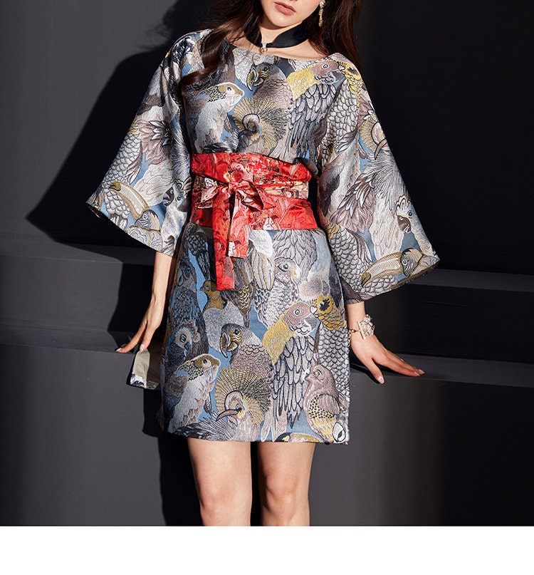 Oriental Style Birds Pattern Dress, Women Big Sleeved Art clothes modern Cheongsam Japanese Format Formal Outdoors Gift for her