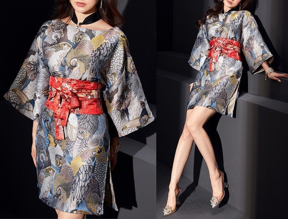 Oriental Style Birds Pattern Dress, Women Big Sleeved Art clothes modern Cheongsam Japanese Format Formal Outdoors Gift for her