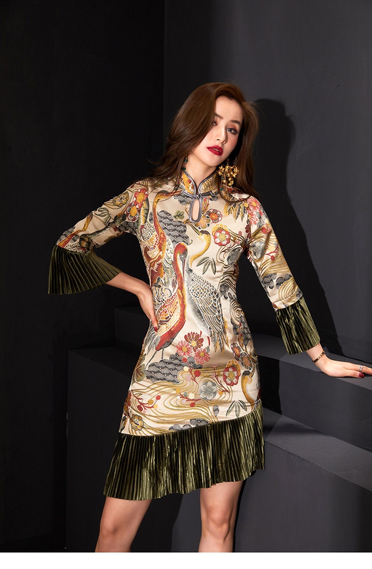 Oriental Style Birds Pattern Dress, Women sexy Art clothes modern cheongsam Japanese Format Smart Casual Formal Outdoors Gift for her