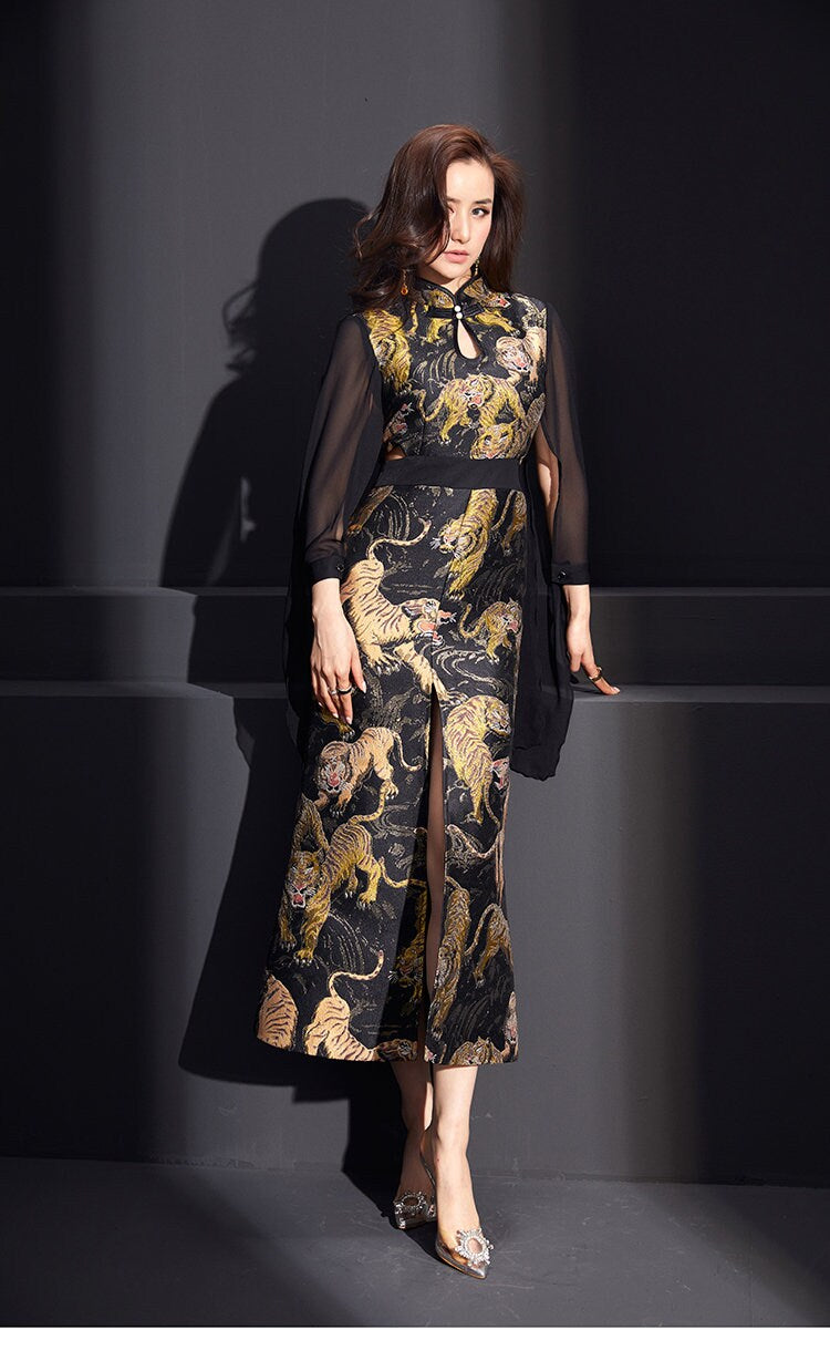 Oriental Style Tiger Pattern Dress, Women lace sleeves modern cheongsam Japanese Format Smart Casual Formal Outdoors Gift for her