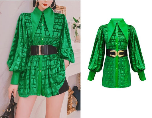 Designer art green blouse, woman sleeved shirt pointed collar elegant classic vintage for prom party wedding formal event gift for her