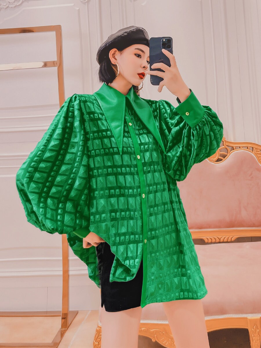 Designer art green blouse, woman sleeved shirt pointed collar elegant classic vintage for prom party wedding formal event gift for her