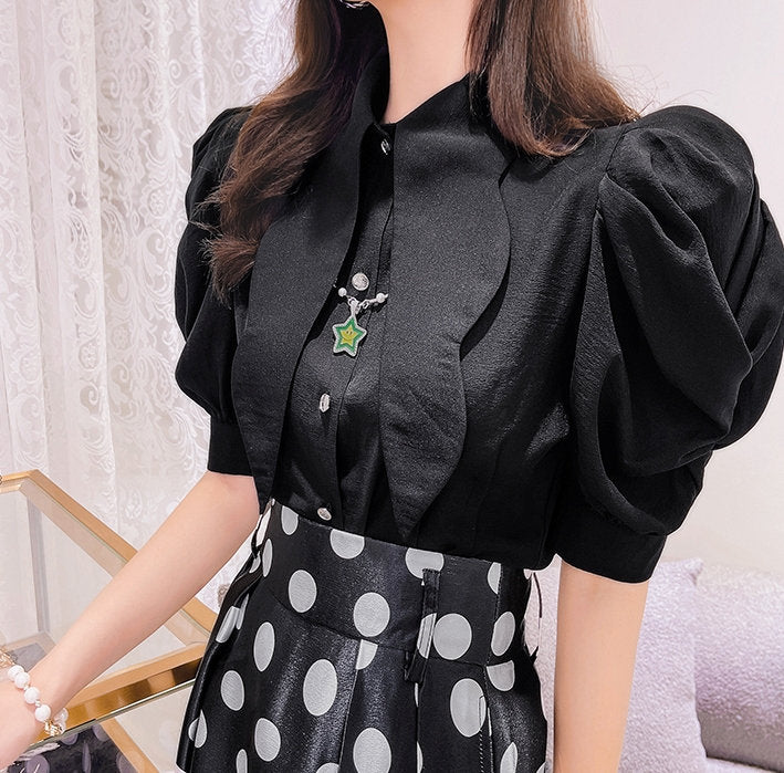 Green/ Black/White designer art blouse, woman Point Collar Puffy sleeved shirt elegant for prom party wedding formal event gift for her