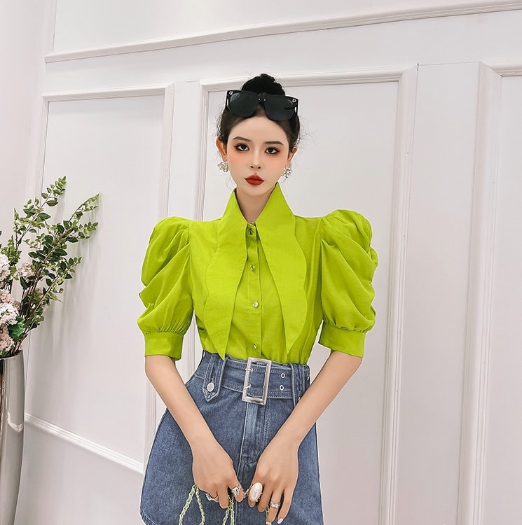 Green/ Black/White designer art blouse, woman Point Collar Puffy sleeved shirt elegant for prom party wedding formal event gift for her