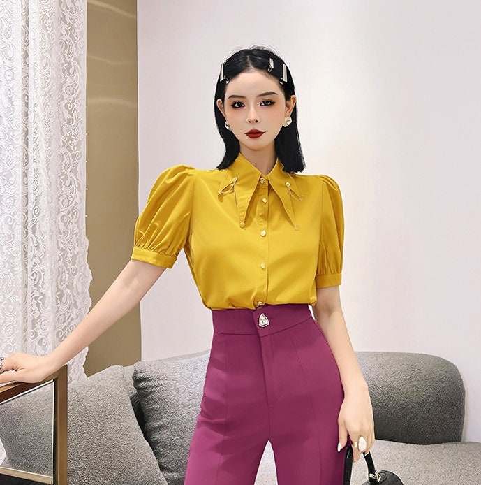 Yellow/white/black/pink designer art blouse, woman clown collar Puffy sleeved shirt elegant prom party wedding formal event gift for her