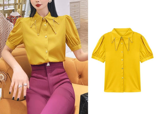 Yellow/white/black/pink designer art blouse, woman clown collar Puffy sleeved shirt elegant prom party wedding formal event gift for her