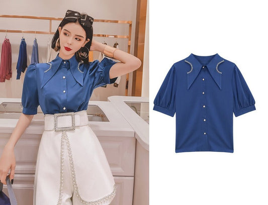 Blue/black/yellow designer art blouse, woman point collar Puffy sleeved shirt elegant classic prom party wedding formal event gift for her