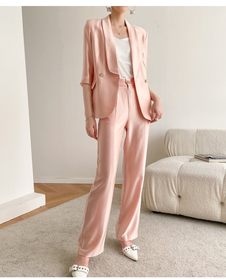 Pink Acetate Pantsuit, Designer Woman Suit Jacket + Pant Set Minimalist Style for Smart Casual/ Formal/ Event/ Party/ Gift