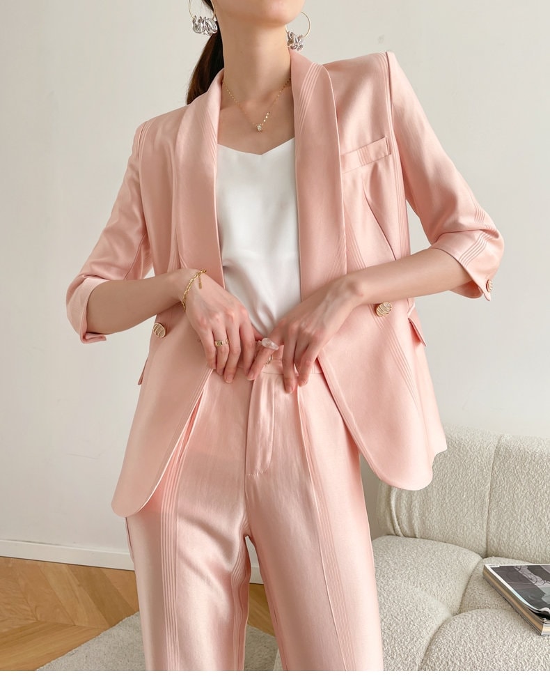 Pink Acetate Pantsuit, Designer Woman Suit Jacket + Pant Set Minimalist Style for Smart Casual/ Formal/ Event/ Party/ Gift