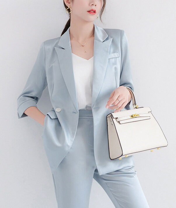 Pastel Blue Acetate Pantsuit, Designer Woman Suit Jacket + Pant Set Minimalist Style for Smart Casual/ Formal/ Event/ Party/ Gift