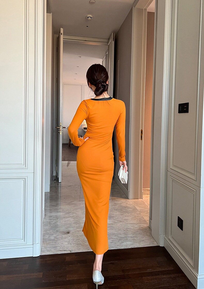 Spring Orange Modern Dress, Slim Cut for Event Party Prom Wedding Gift for her