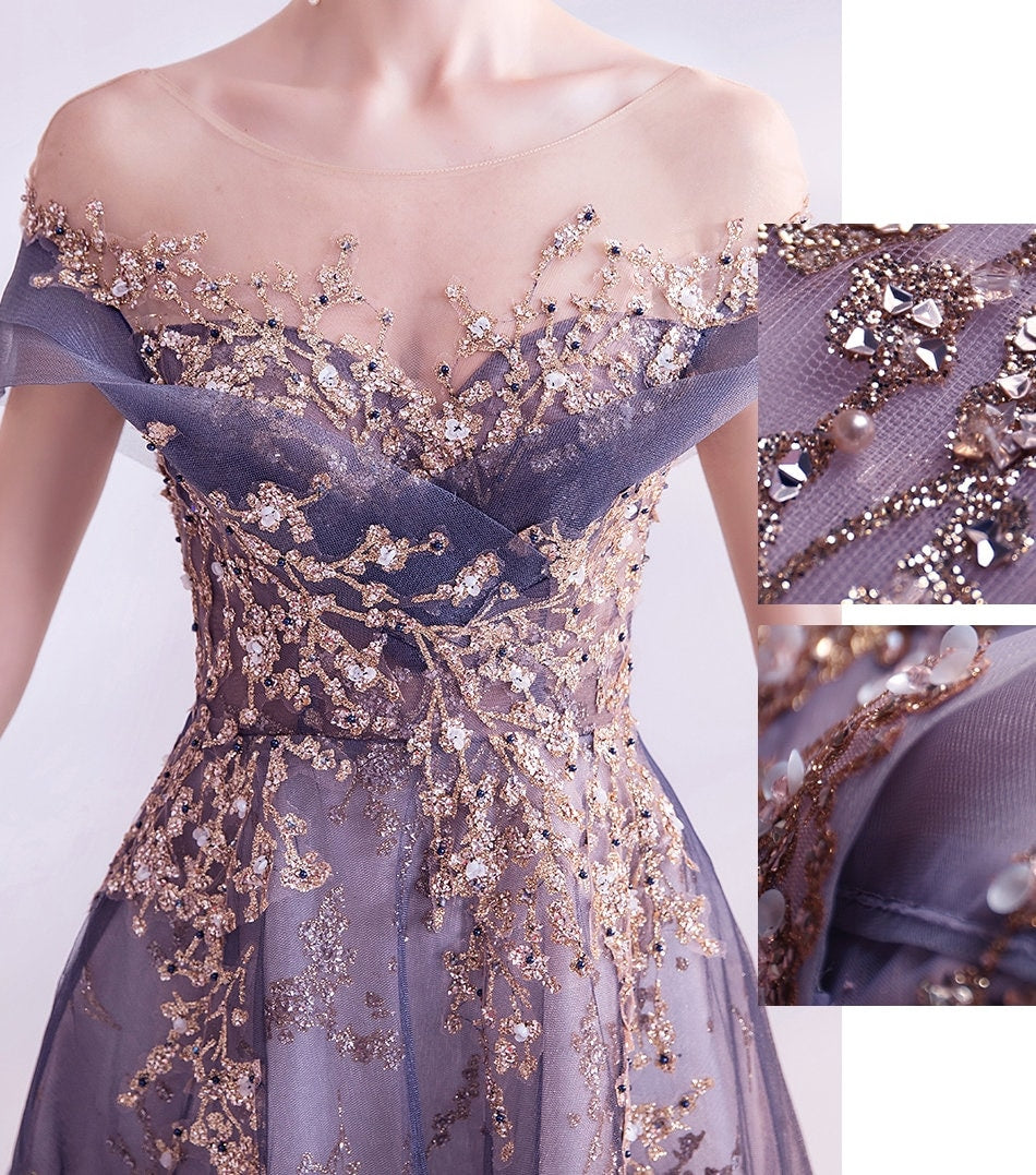 Women Wedding / Prom Dress, Lilac Prom Dress, Lavander/Gray/Gold color dress, woman dress, elegant dress, Fairy Dress for Event Party Gift