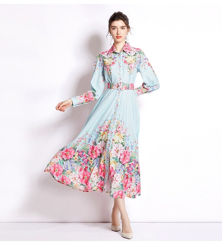 Designer Floral art pattern dress, women lantern sleeve dress in pattern graphics, dress for formal / casual / party event/ gift