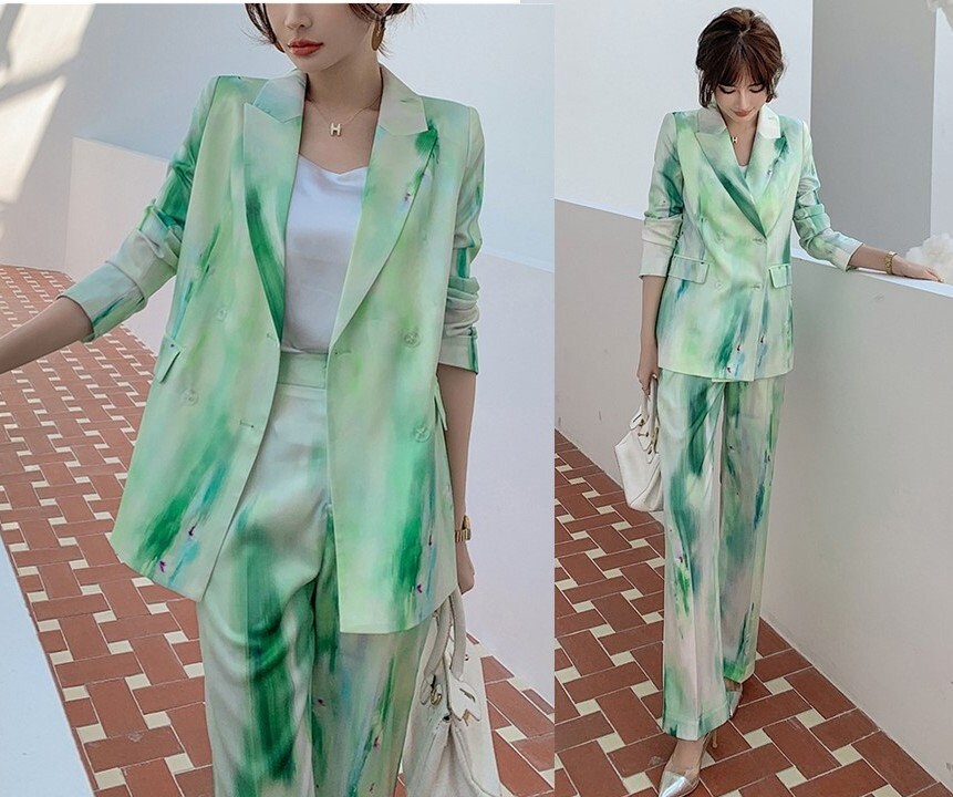 Watercolor Ink Green Pantsuit, Women blazer & pants Spring Suit Waterink pattern Formal Smart Casual Event Party Wedding Gift for her