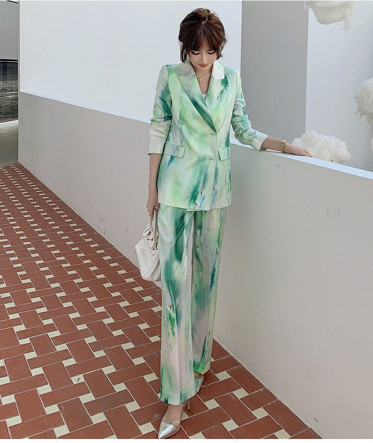 Watercolor Ink Green Pantsuit, Women blazer & pants Spring Suit Waterink pattern Formal Smart Casual Event Party Wedding Gift for her