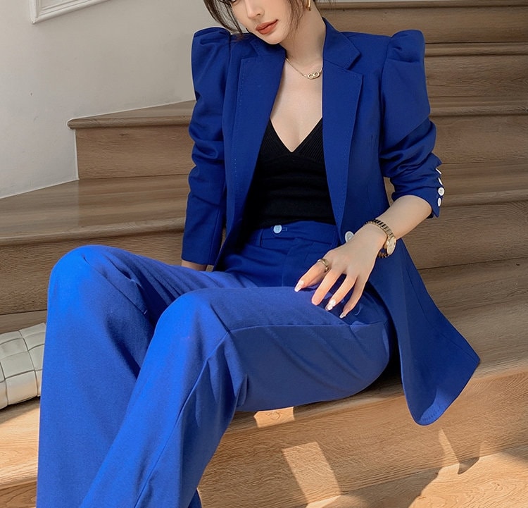 Designer Blue Pantsuit Pointy Shoulder Puffty Sleeves, Women Blazer & Pants Elegant Classic Solid Color Event Party Wedding Formal Gift