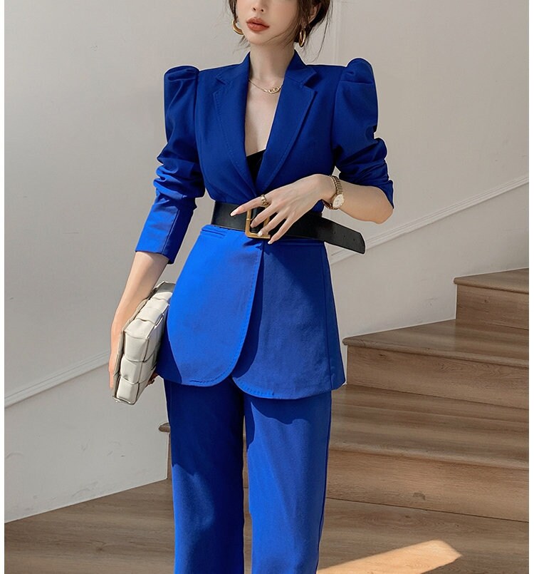 Designer Blue Pantsuit Pointy Shoulder Puffty Sleeves, Women Blazer & Pants Elegant Classic Solid Color Event Party Wedding Formal Gift