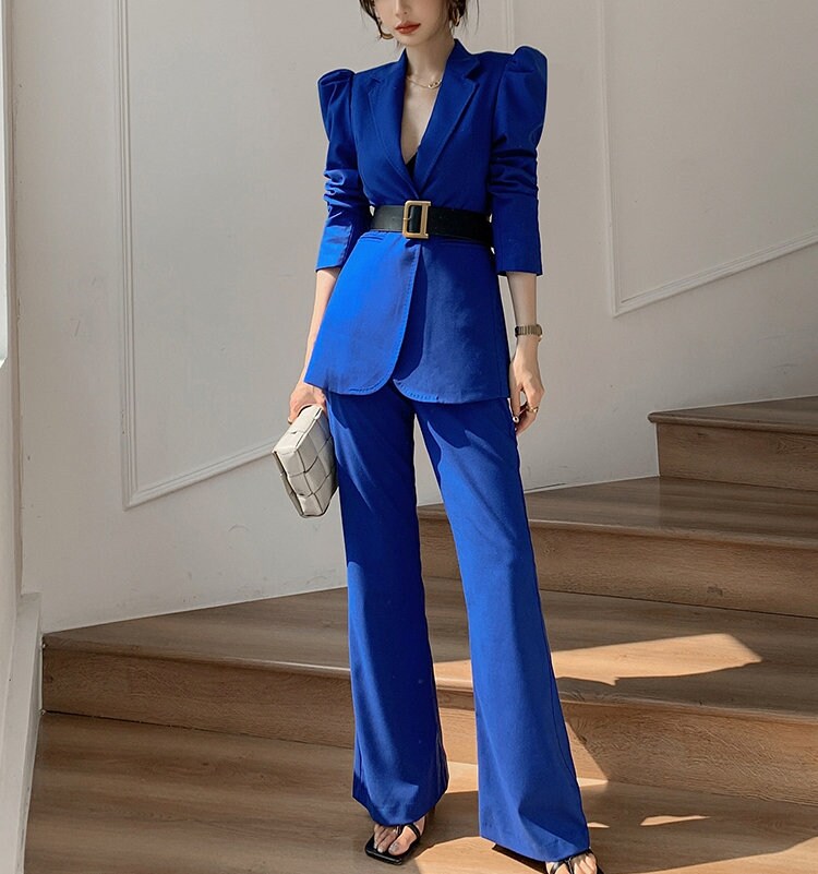 Designer Blue Pantsuit Pointy Shoulder Puffty Sleeves, Women Blazer & Pants Elegant Classic Solid Color Event Party Wedding Formal Gift