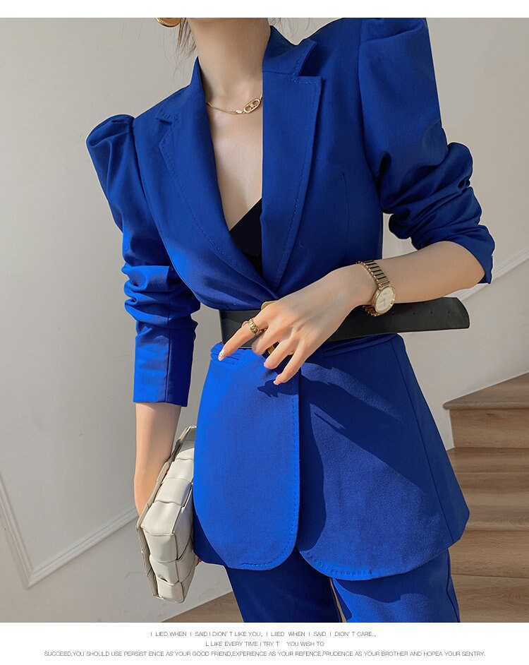 Designer Blue Pantsuit Pointy Shoulder Puffty Sleeves, Women Blazer & Pants Elegant Classic Solid Color Event Party Wedding Formal Gift