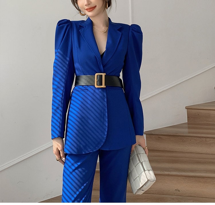 Designer Blue Pantsuit Pointy Shoulder Puffty Sleeves, Women Blazer & Pants Elegant Classic Solid Color Event Party Wedding Formal Gift