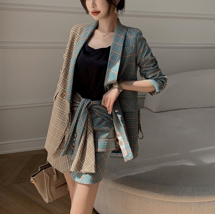 Designer Checkered Patchwork Dress Suit, Women Blazer & Dress set Collage Art Formal Smart Casual Event Party Wedding Outdoors Gift